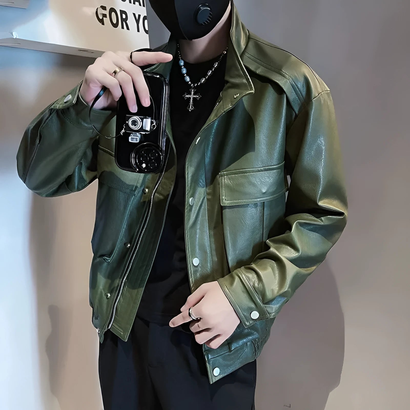 Men's black Korean-style PU leather jacket with straight hem and side seam pockets