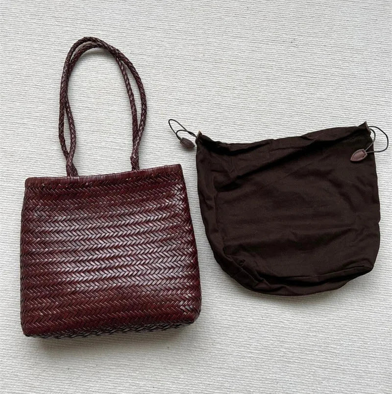 Brown handmade woven tote bag with vintage style and three-dimensional pocket design