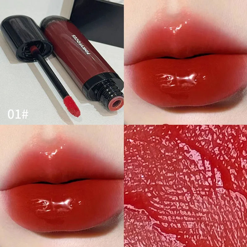 Black shiny Mirror Lip Lacquer with six colour shades displayed