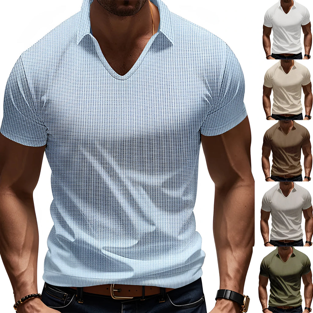 Man wearing a loose-fit apricot coloured V-neck short sleeve cotton blend T-shirt.