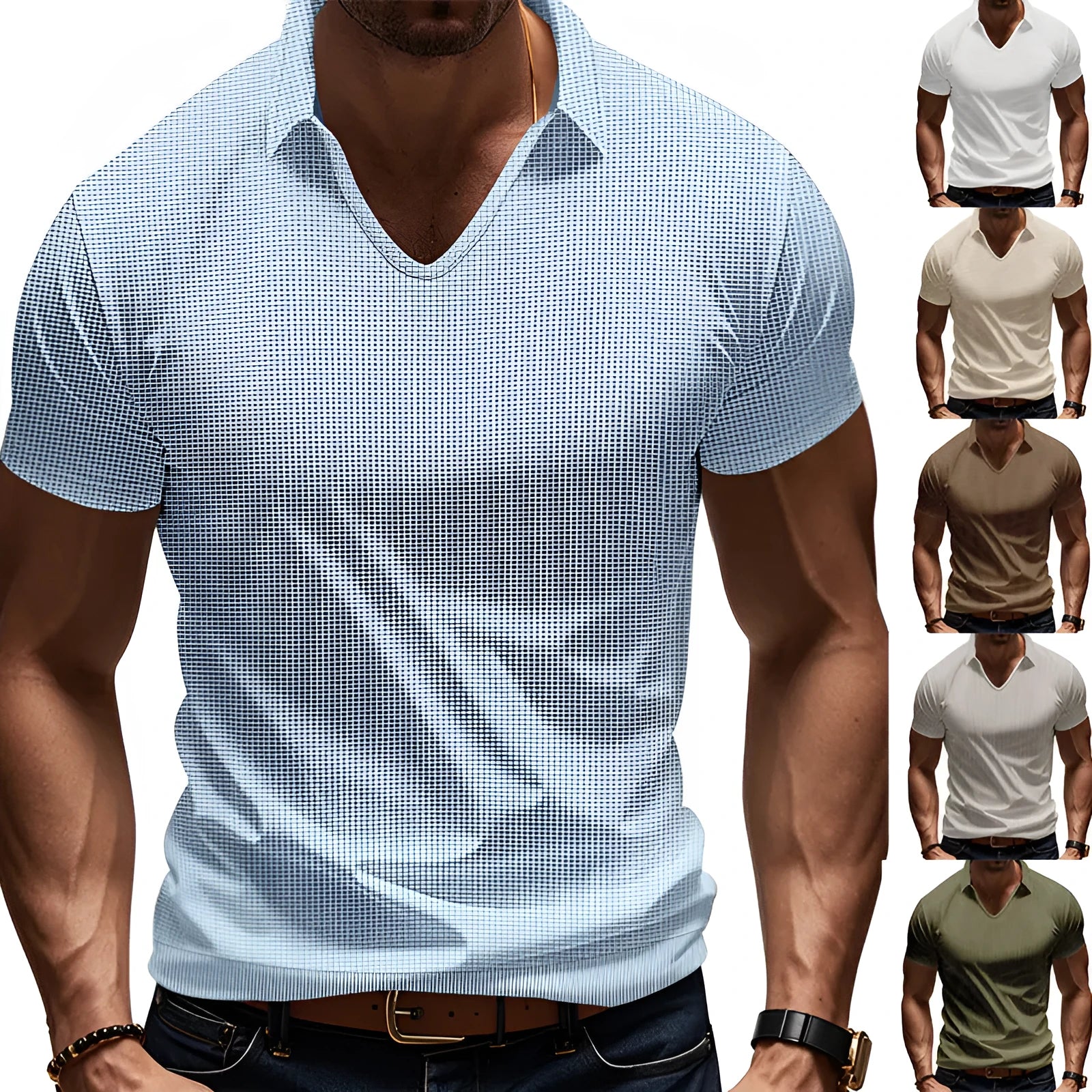 Man wearing a loose-fit apricot coloured V-neck short sleeve cotton blend T-shirt.