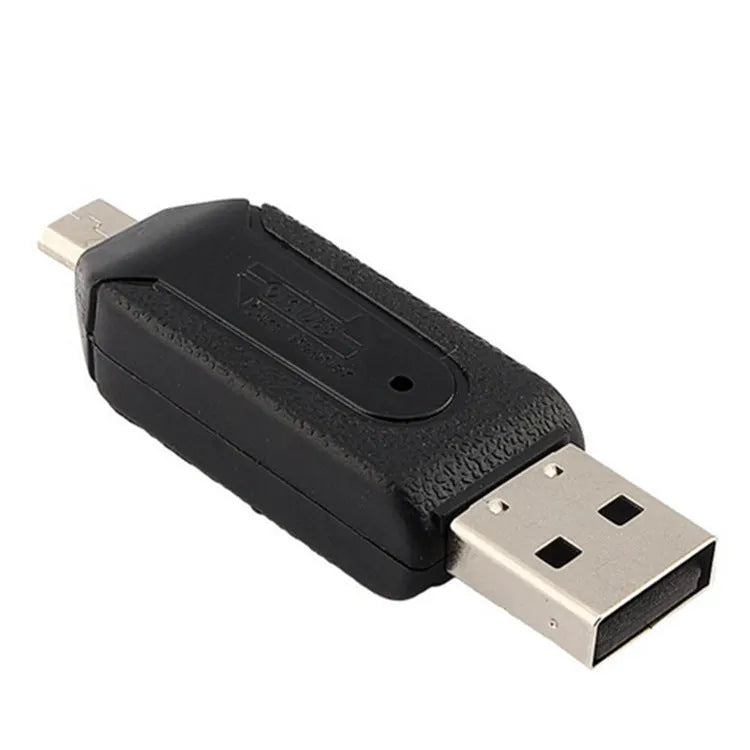 White OTG card reader with micro USB connector for SD and TF memory cards on Windows 7 and Android devices