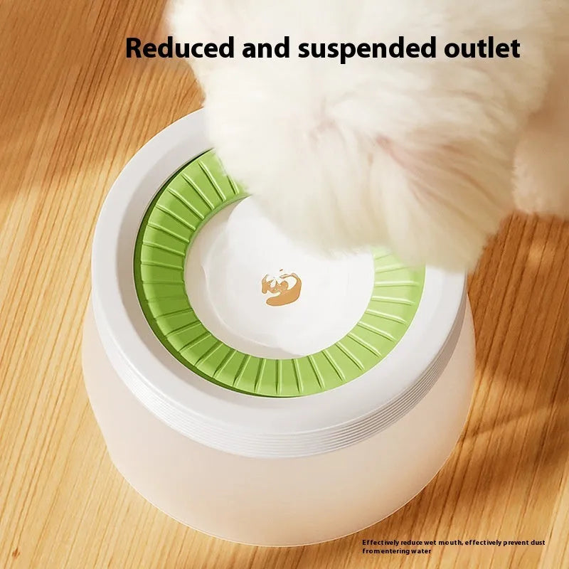Suspended pet water bowl with non-wet mouth design in blue, green, and brown colours