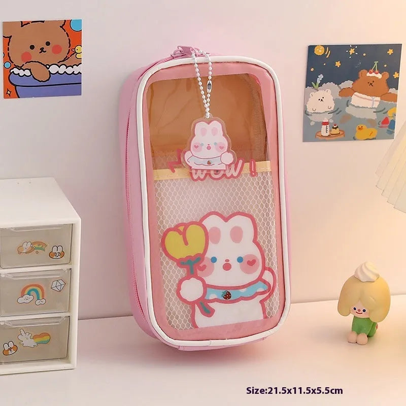 Transparent PVC pencil case with Korean cartoon pattern in vertical orientation