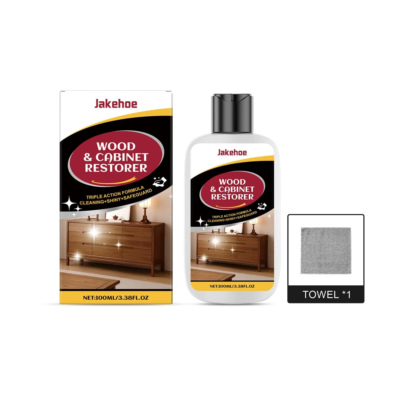 Wooden furniture scratch care kit showing 100ml bottle and microfiber towel on packaging
