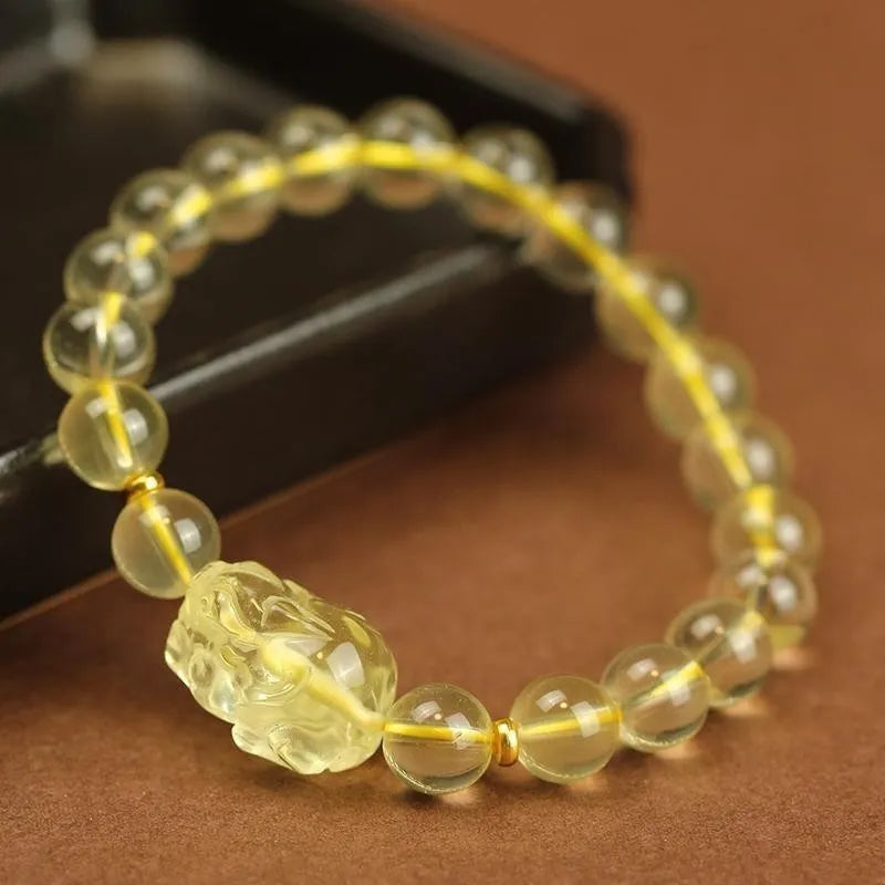Yellow leather bracelet with artificial citrine crystal Pi Xiu charm in Chinese national style