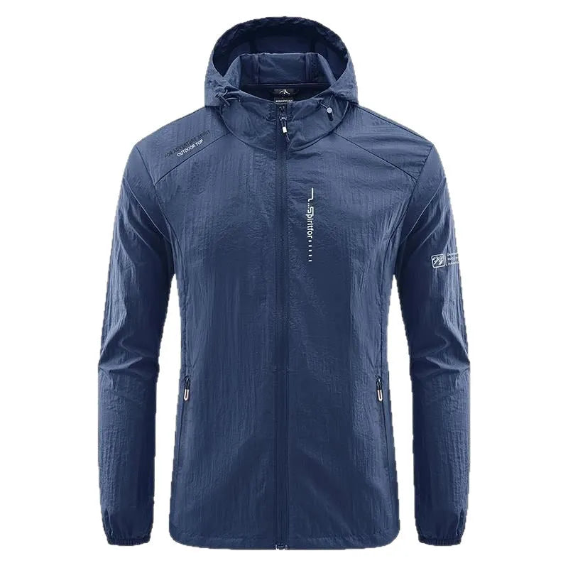 A man's lightweight hooded summer jacket in a loose fit, shown in a neutral colour like grey or blue.
