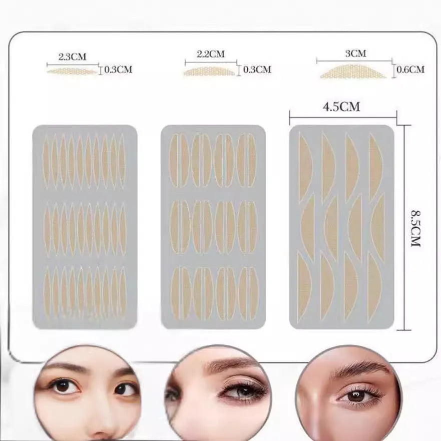 Box of no glue eyelid stickers in non-woven fabric showing L, M and S size options