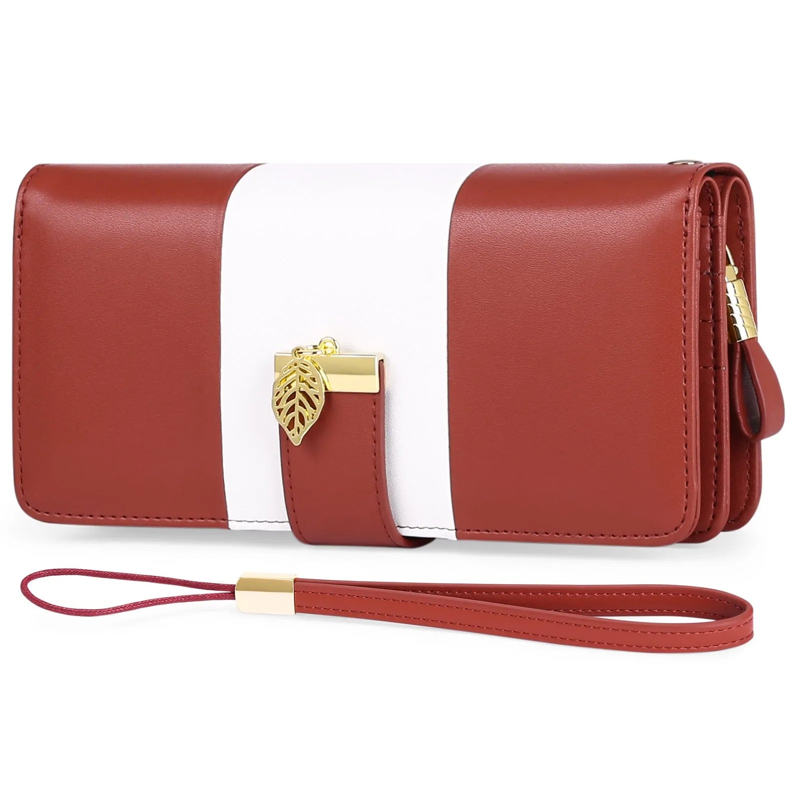 Anti-theft large capacity PU leather handbag wallet with lock, shown in multiple colours including black, pink, and khaki.