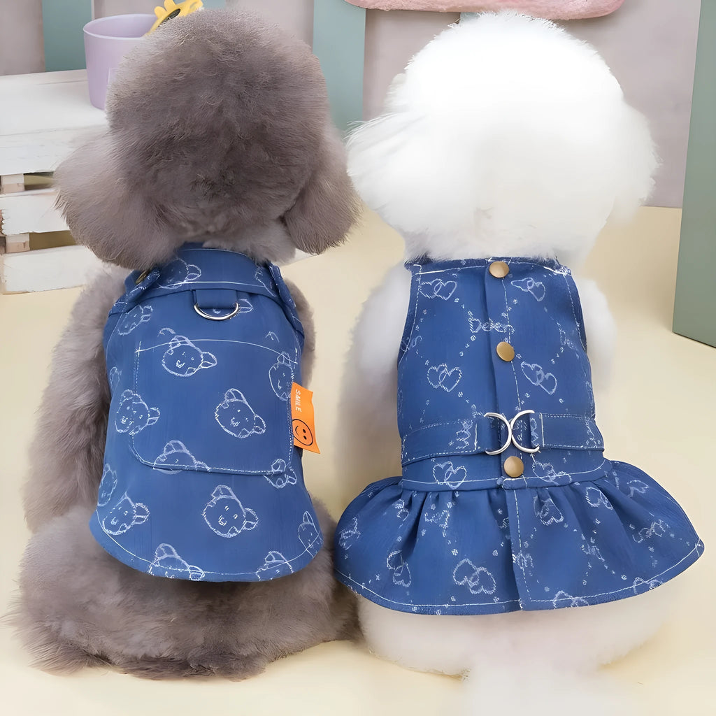 Denim princess dress for small dogs in bracket-skirt style on mannequin