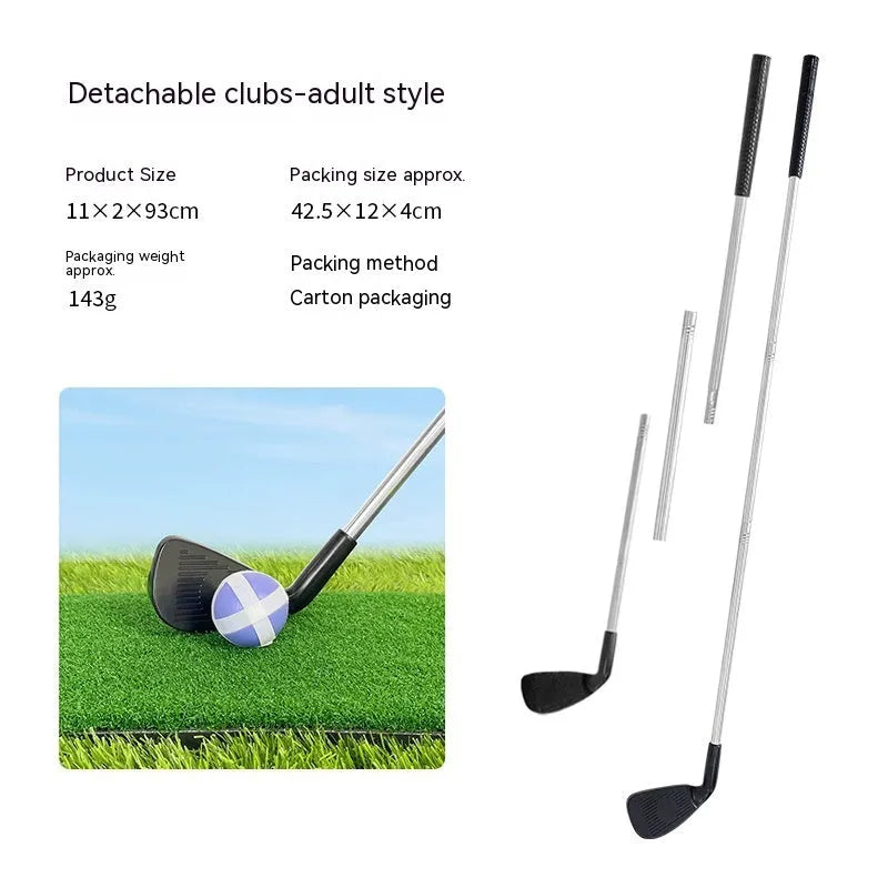 Metal golf practice club set showing adult and children's sizes for outdoor sports