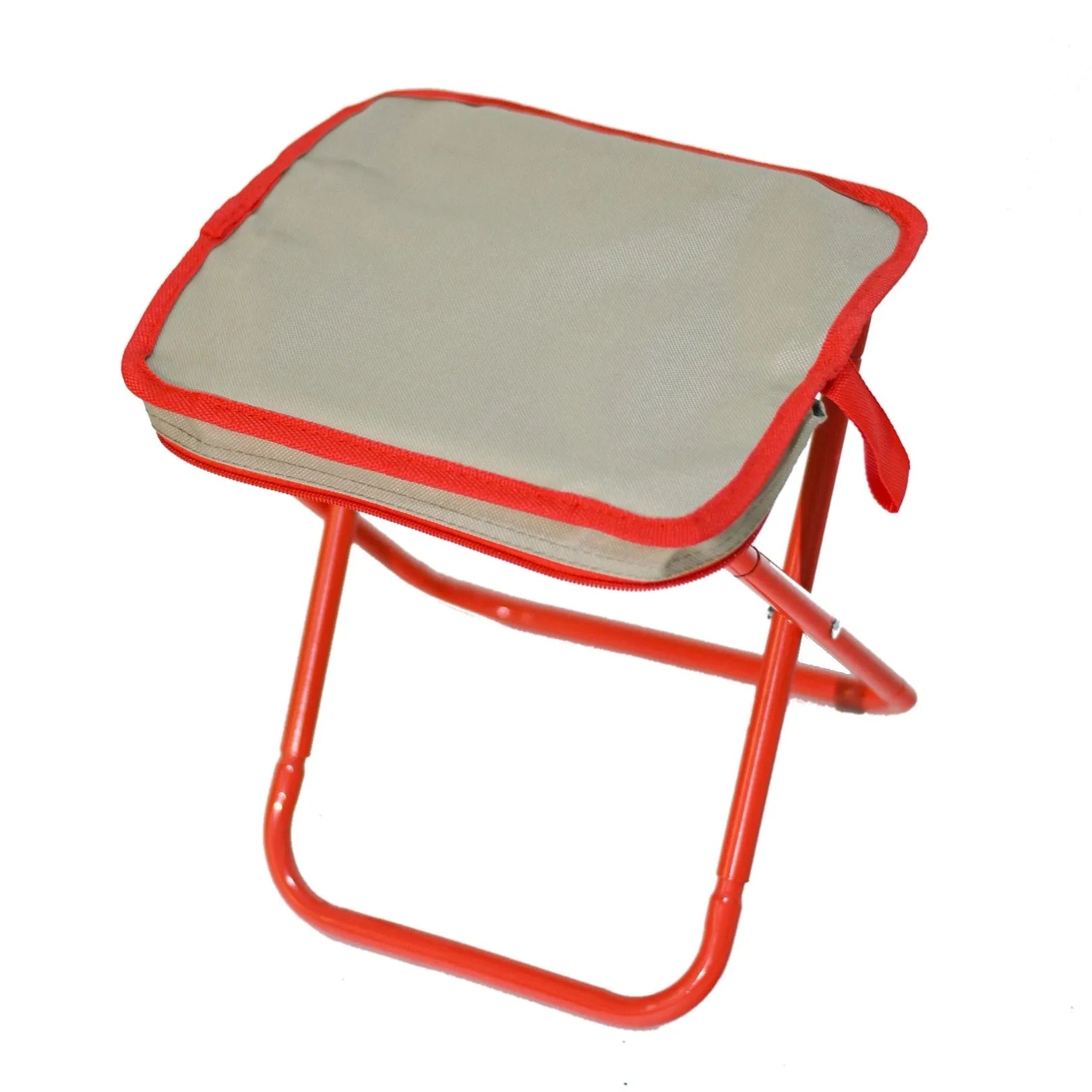 Outdoor foldable pencil box stool with Oxford cloth seat shown in khaki colour, folded and unfolded.