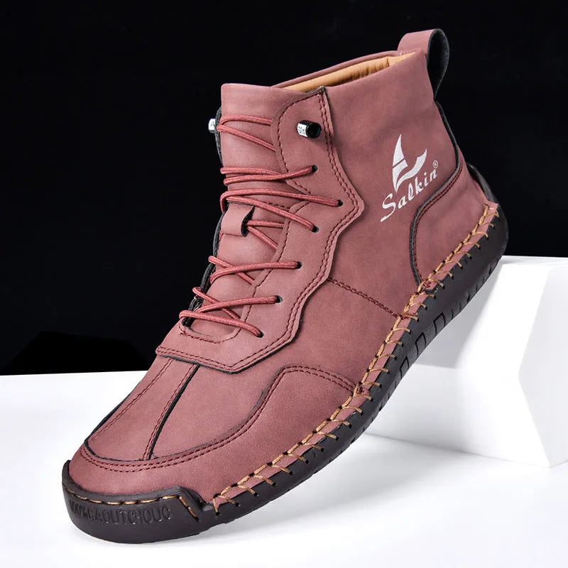 Retro high-top casual boots in artificial PU leather with frosted finish, round toe, and elastic band.