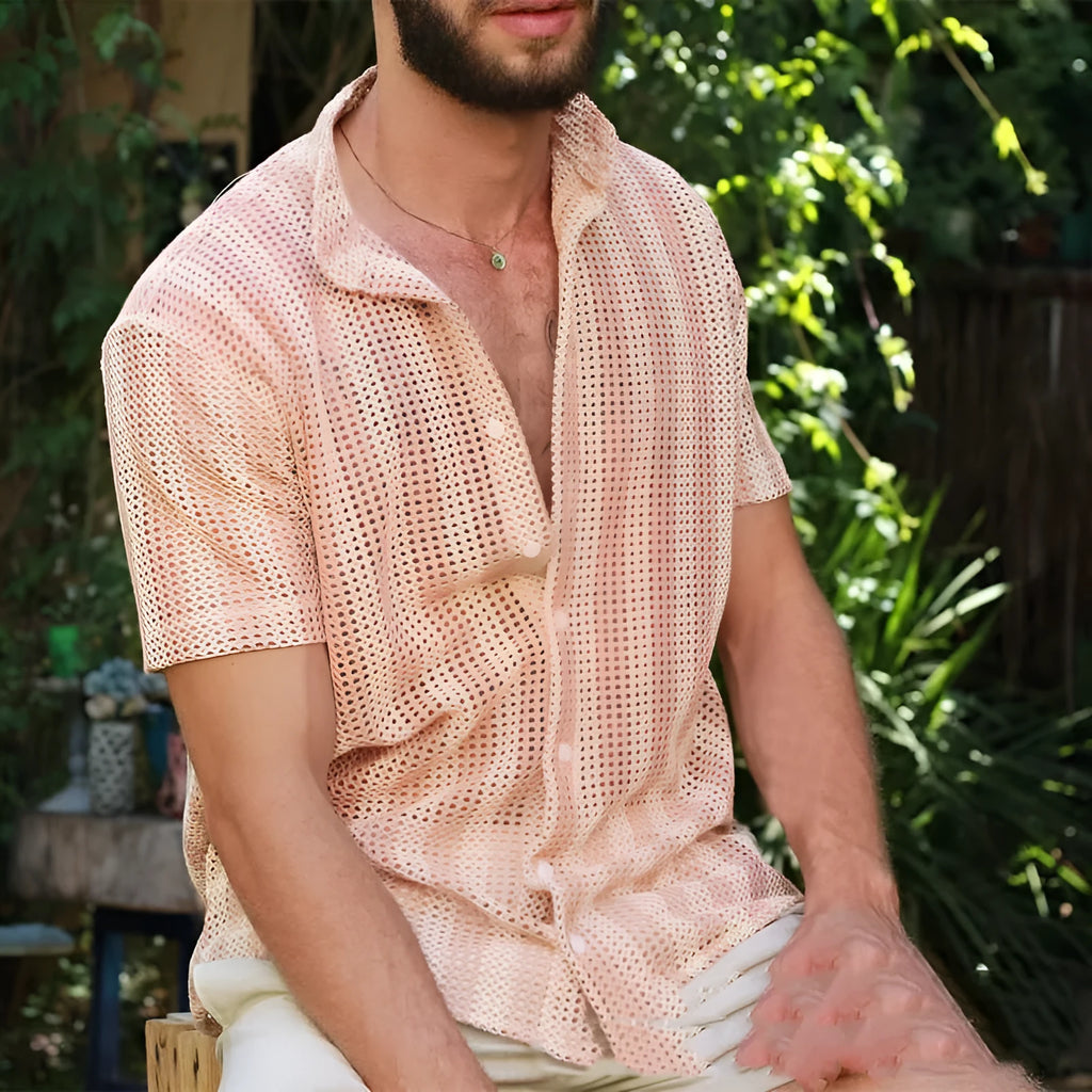 Pink loose waffle-textured men's summer cardigan shirt with short sleeves