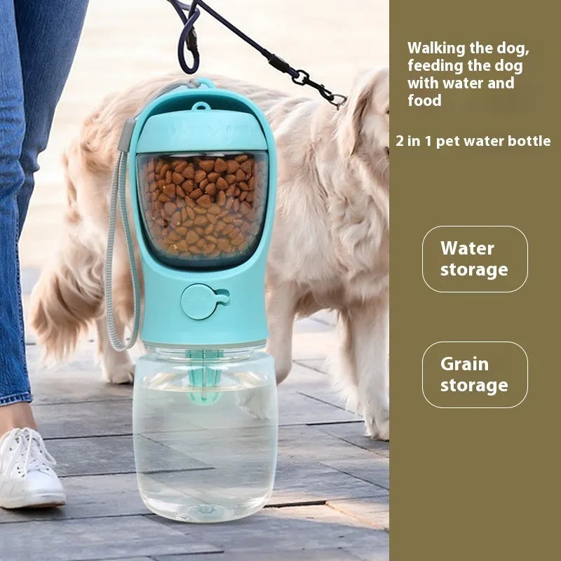 Portable dual-use dog drinking cup showing water dispenser and separate grain bowl compartment