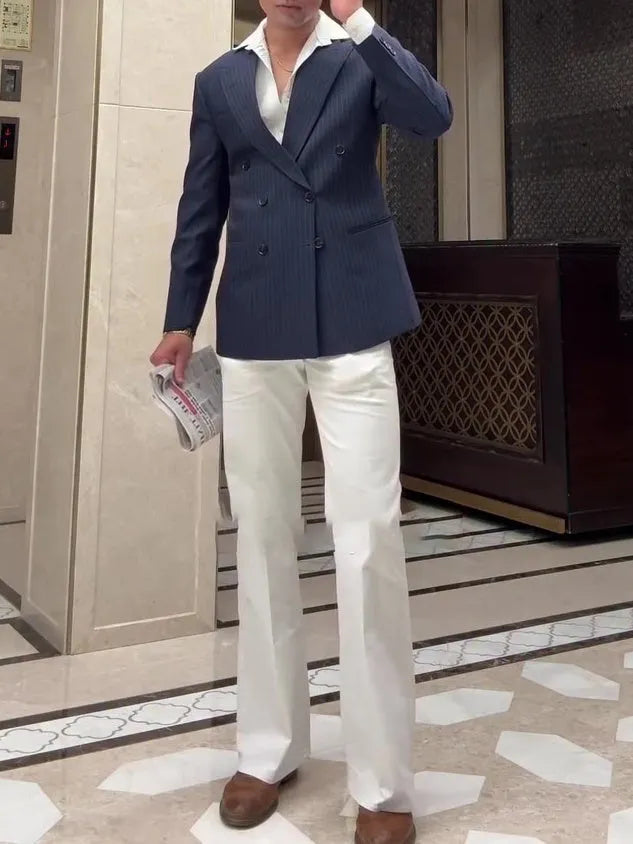 Men's classic stripe double-breasted blazer in regular fit for daily wear