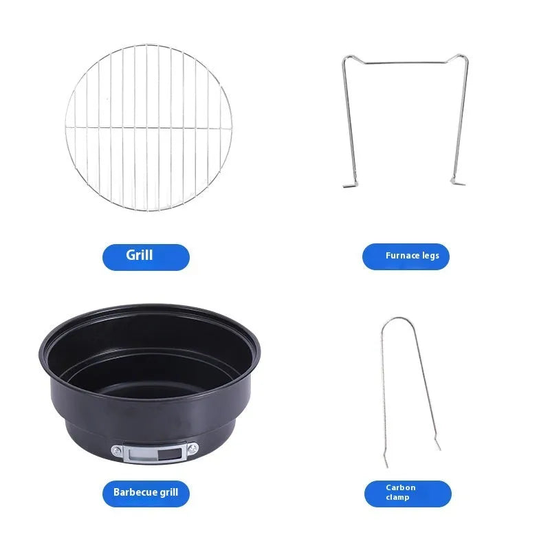 Small round folding ice stove with barbecue grill and detachable legs for camping