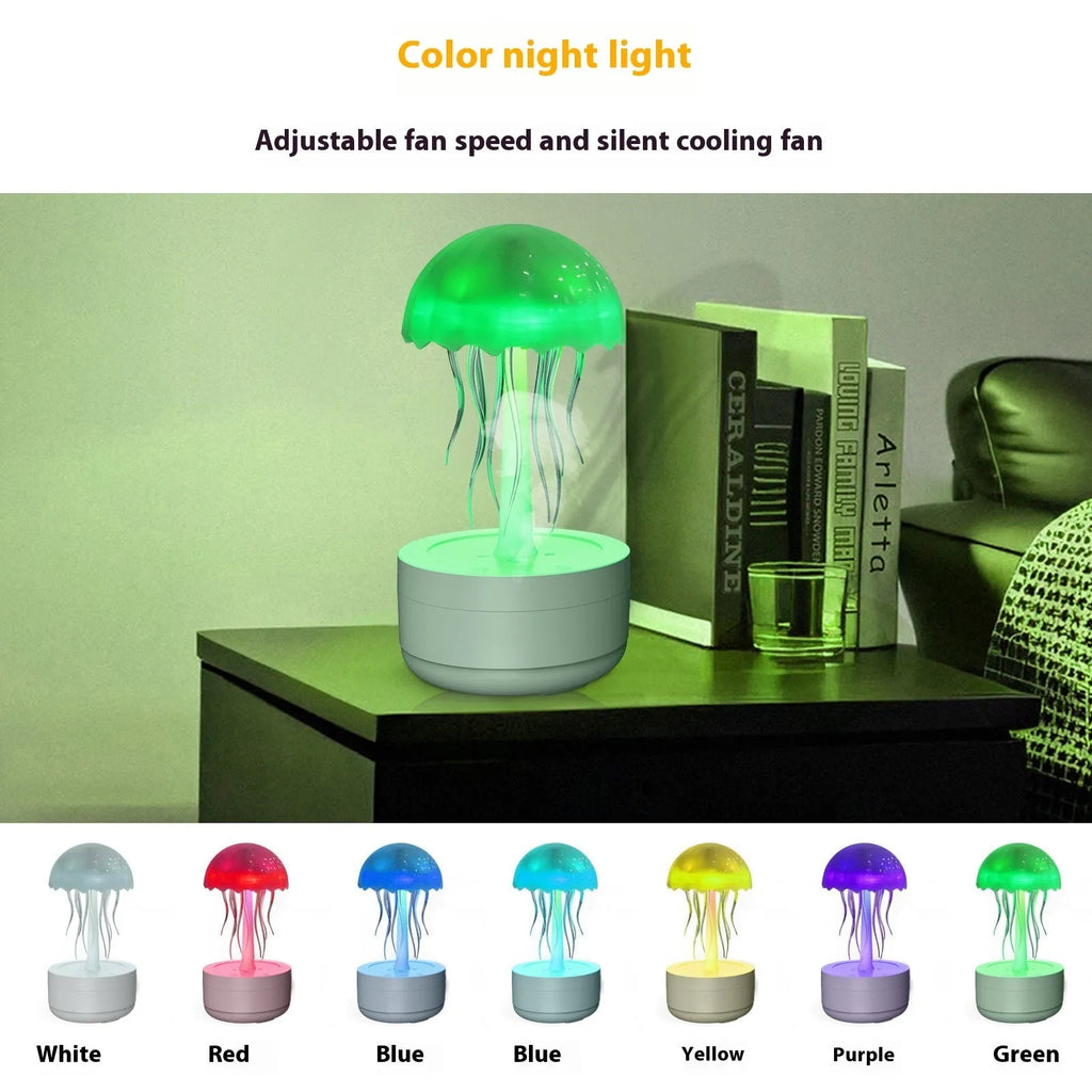 White jellyfish-shaped humidifier and essential oil diffuser with colourful LED night light on a desktop.
