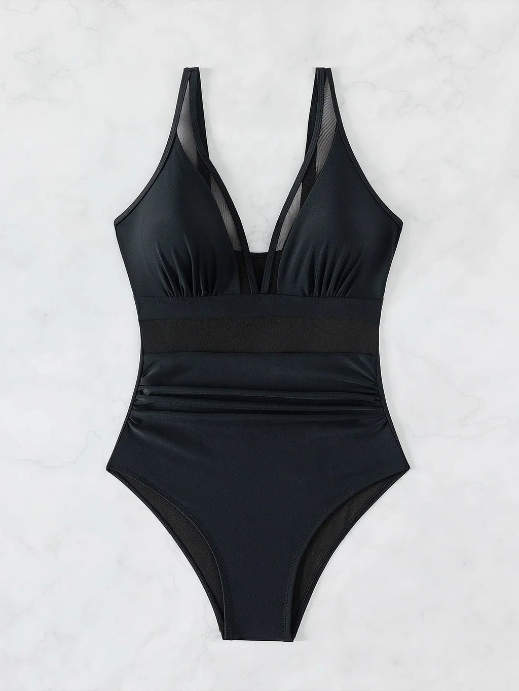 Black women's one-piece swimsuit with halter neck and mesh detail