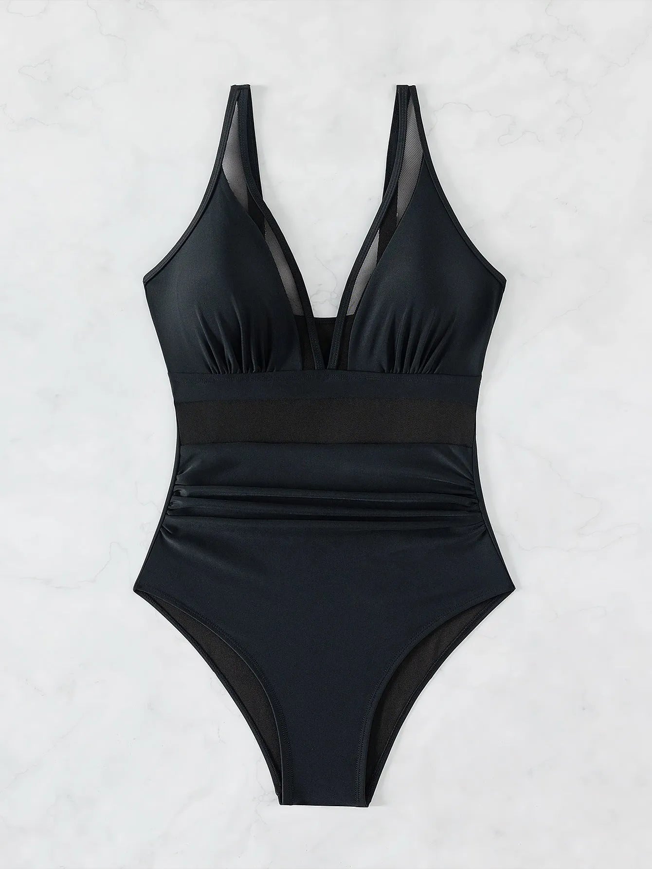 Black women's one-piece swimsuit with halter neck and mesh detail