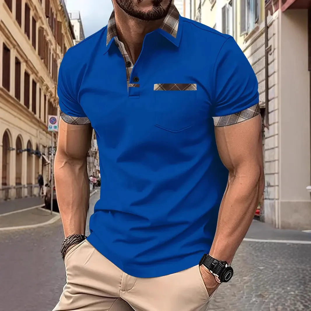 Men's plaid colourblock t-shirt with zipper decoration on front, short sleeves, loose fit