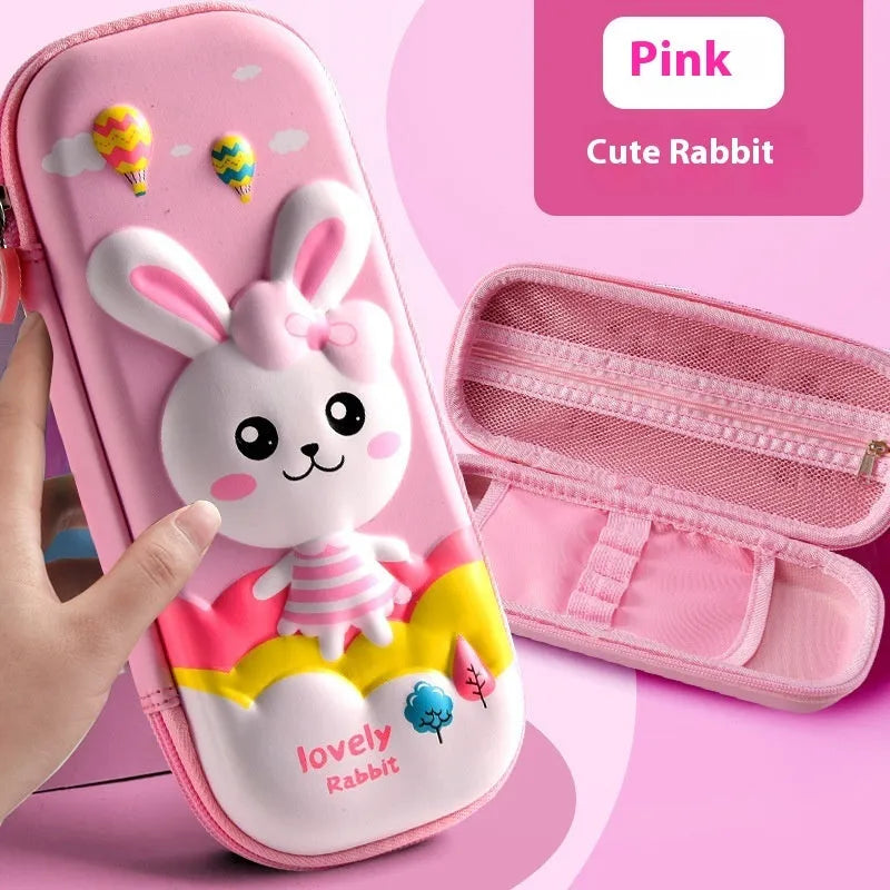 3D leather pencil case in a box shape showing one of the available design options such as a spaceship or unicorn
