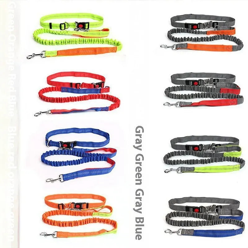 Grey and green reflective dog leash with elastic section shown on a table.