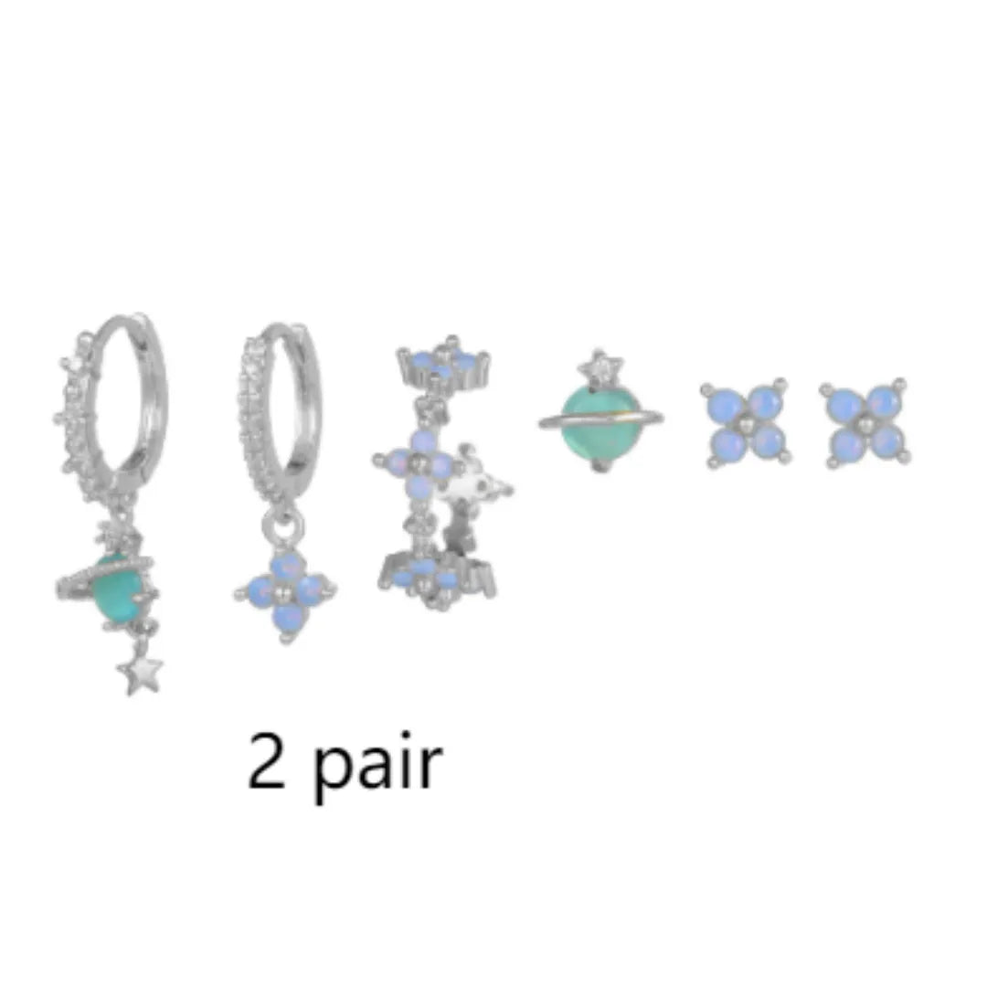 Gold and silver flower nail ear studs with zircon mosaic in Japanese Korean sweet girl style