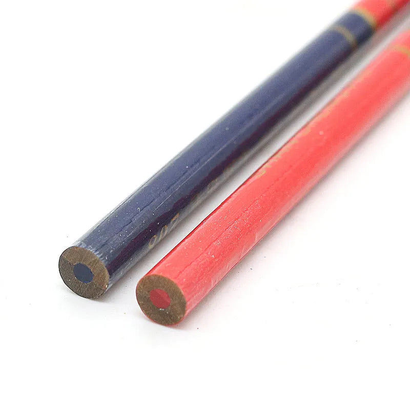 Set of ten red and blue round wooden carpenter's pencils for marking.