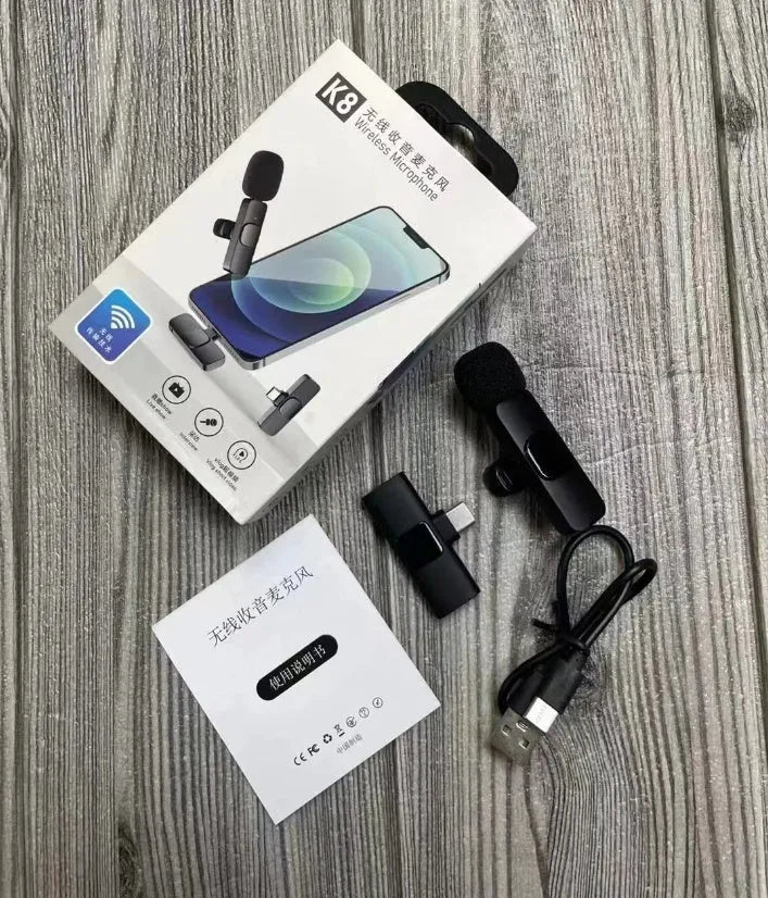 Wireless collar clip lavalier microphone with smartphone connector options for Type-C, Lightning, and 3.5mm jacks.