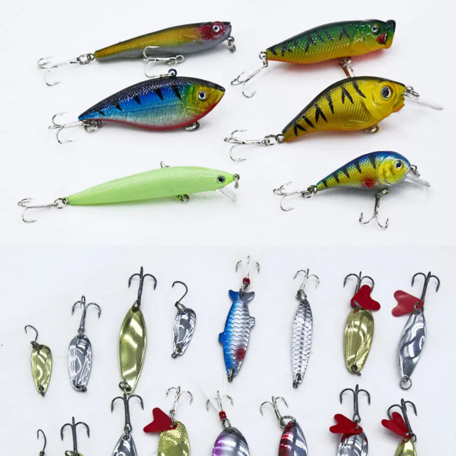 132-piece fishing lure set with plastic baits and steel hooks in rose red colour, organised in compact storage case