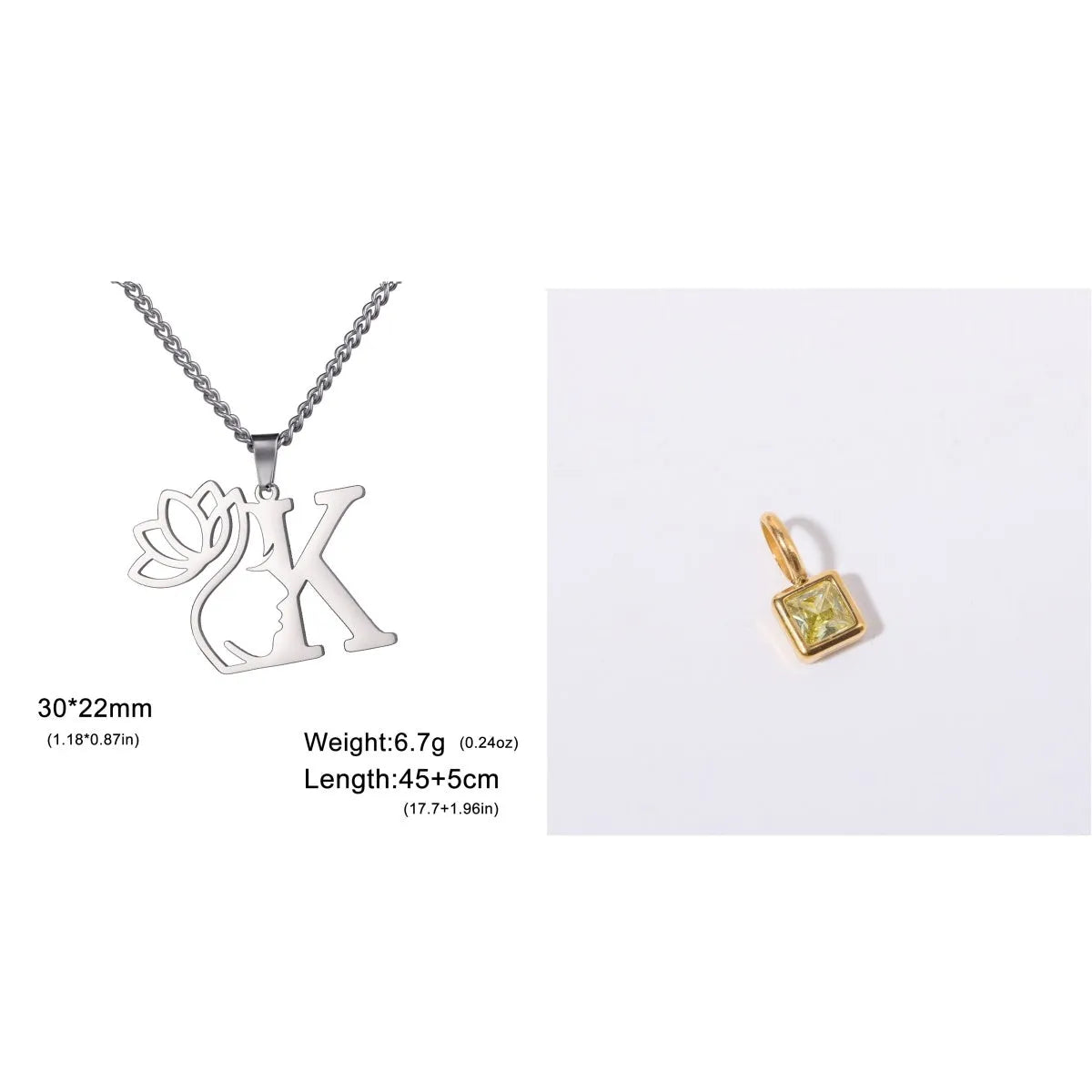 Stainless steel necklace with cross chain and a single letter pendant in gold or silver finish.