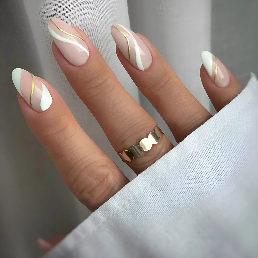 Golden Lines wearable nail stickers in medium drop shape plaid pattern with plastic armour and jelly glue