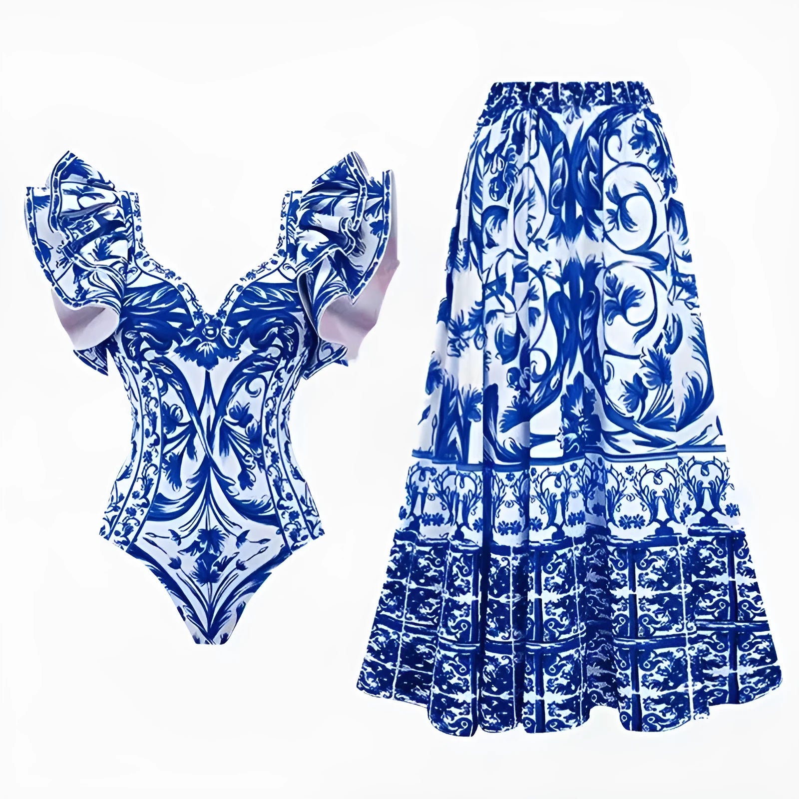 Women's one-piece polyester swimsuit in printed rose pink or blue with optional skirt design
