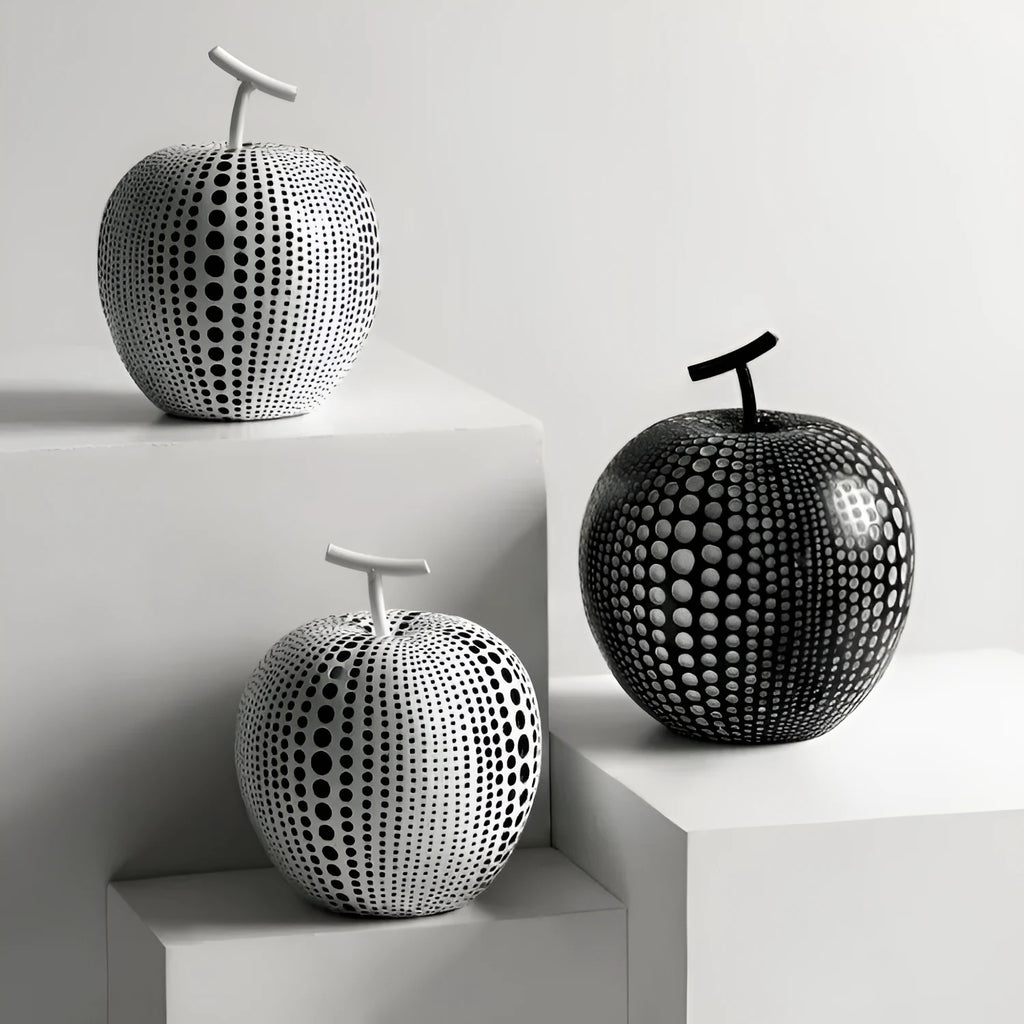 Resin decorative crafts with apple and pear designs in white, orange, black, and blue colour options