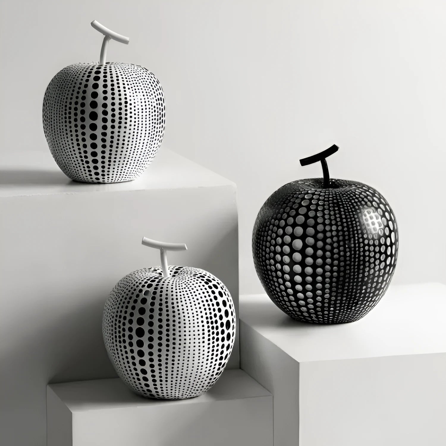 Resin decorative crafts with apple and pear designs in white, orange, black, and blue colour options