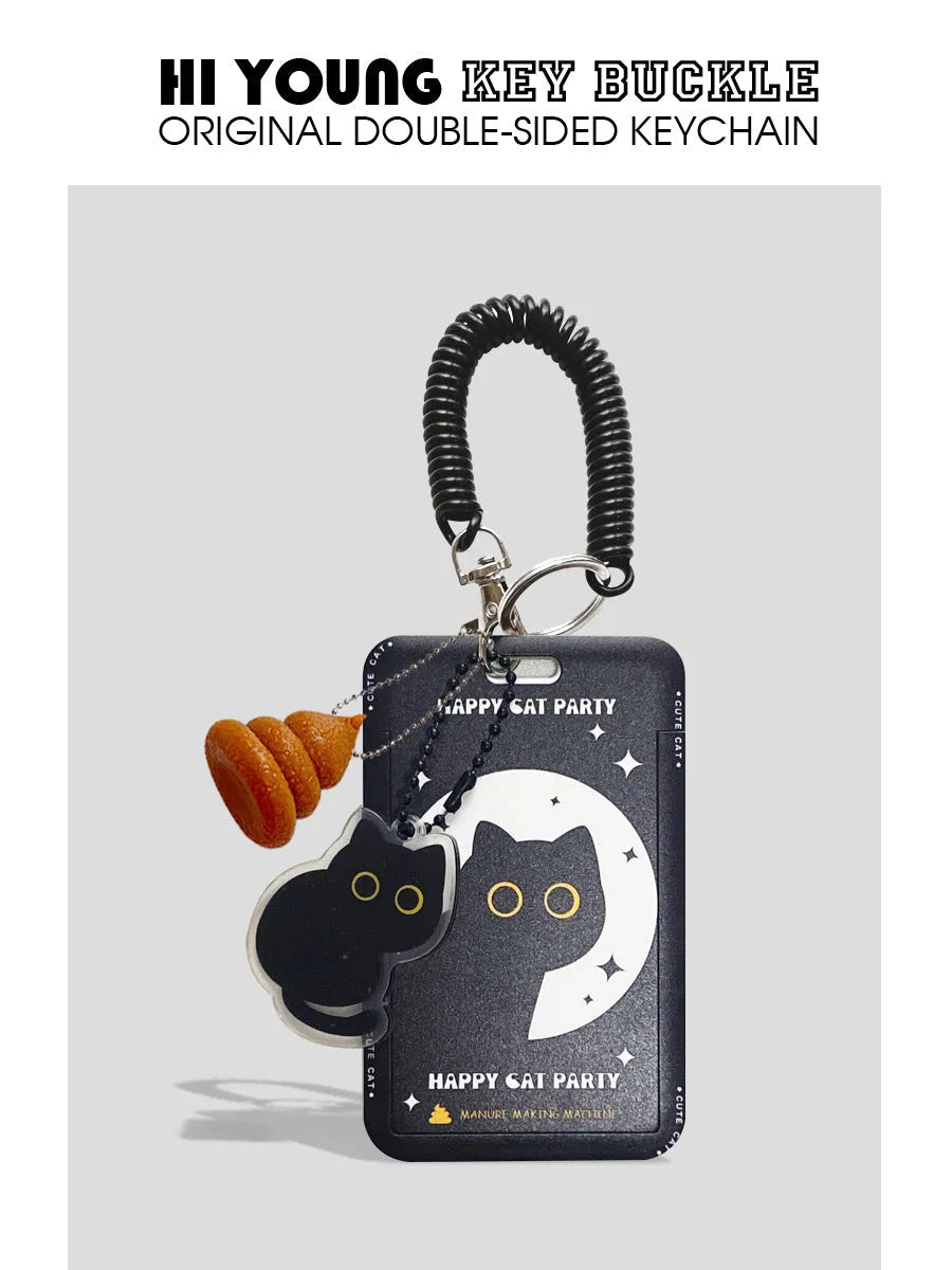Cartoon little black cat design plastic card holder with ferrule pendant for student ID and transport cards.