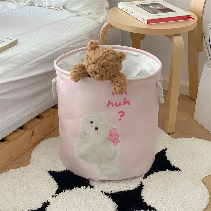 Foldable cotton laundry basket in mint green colour with bear design pattern for bedroom storage