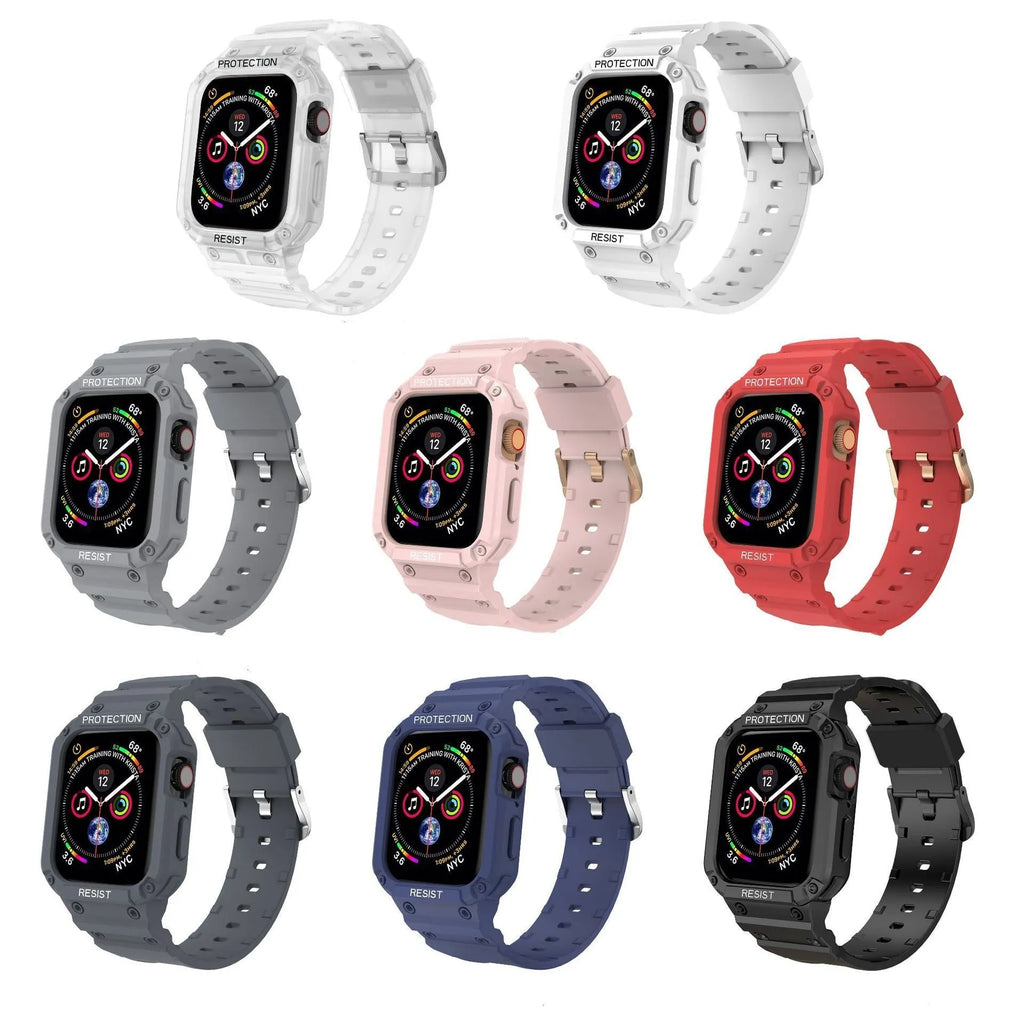 Apple Watch Series 8 compatible soft TPU sport strap in multiple colours showing 42mm and 38mm size options.