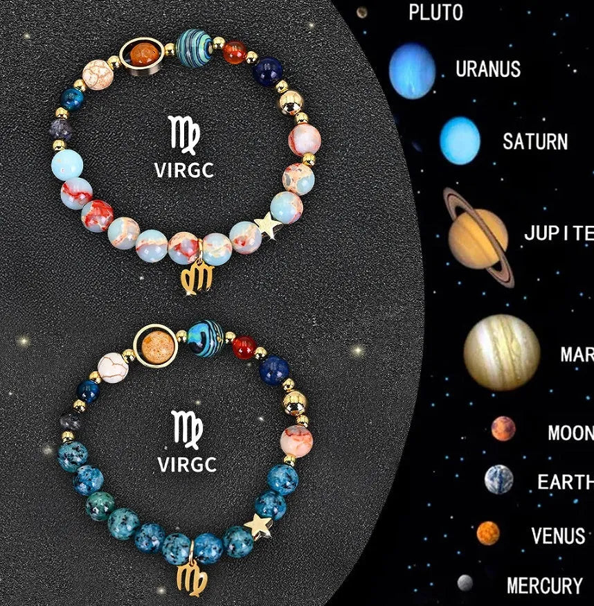 Set of two natural stone beaded bracelets for zodiac signs on a dark background.
