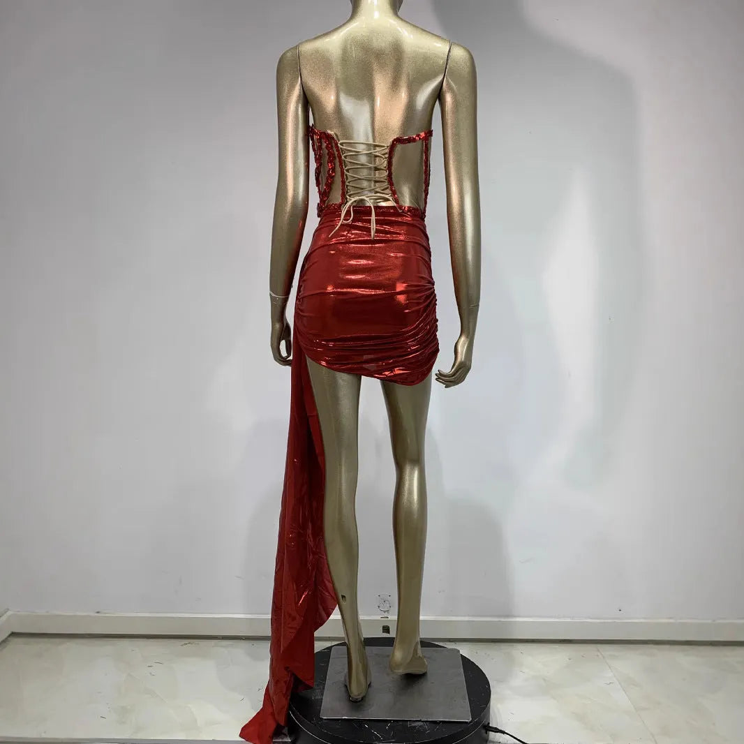 Red hollow mesh see-through women's skirt suit for stage and banquet events