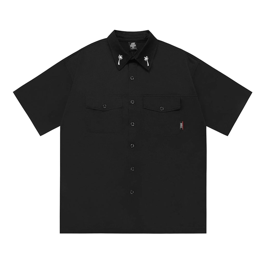 Men's black cotton blend half sleeve shirt with embroidered detail and front pockets in loose plus-size fit