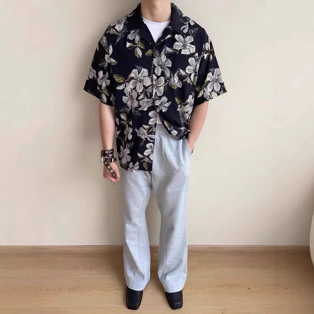 Black floral print men's shirt with vintage Cuban collar and short sleeves