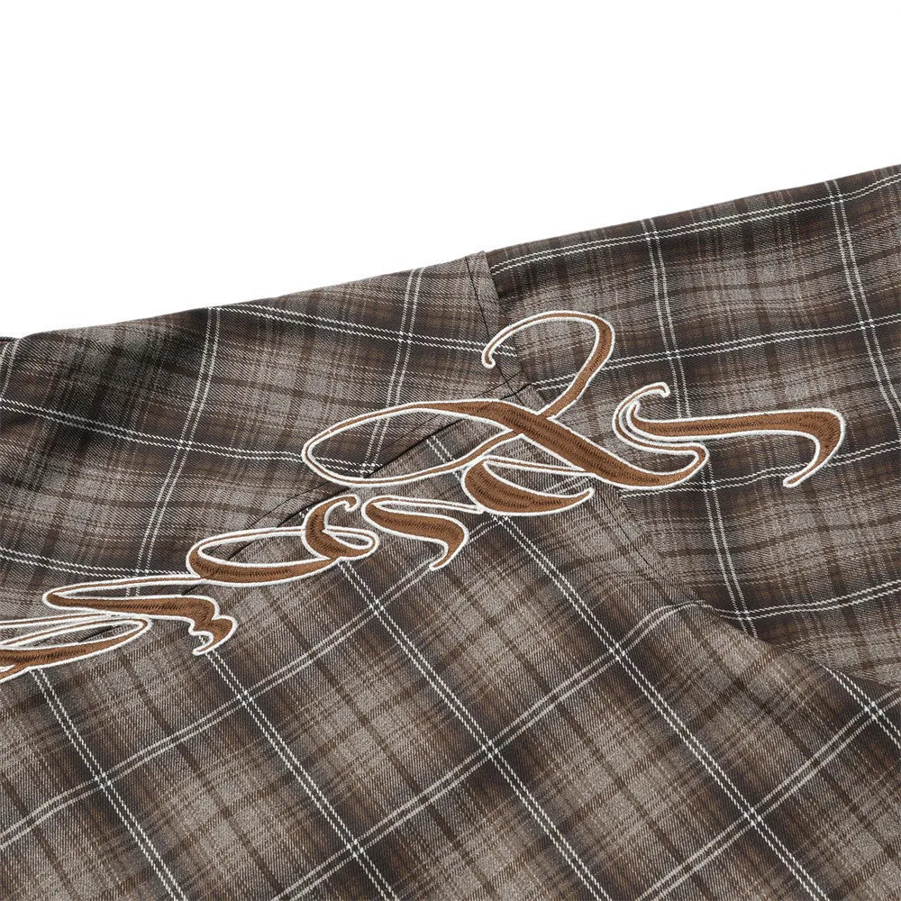 Men's black and brown embroidered plaid short sleeve shirt with lapel collar