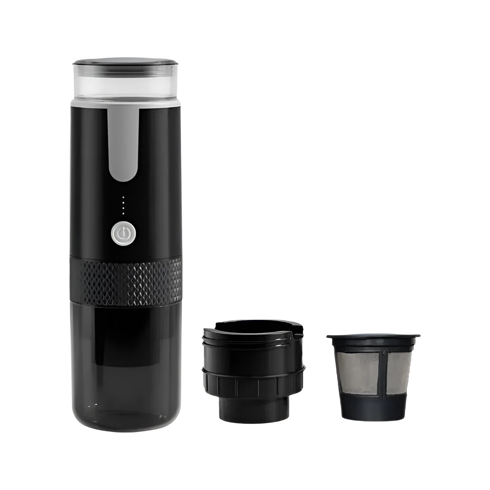 Black portable capsule coffee machine for car and camping use, compatible with K-Cups.
