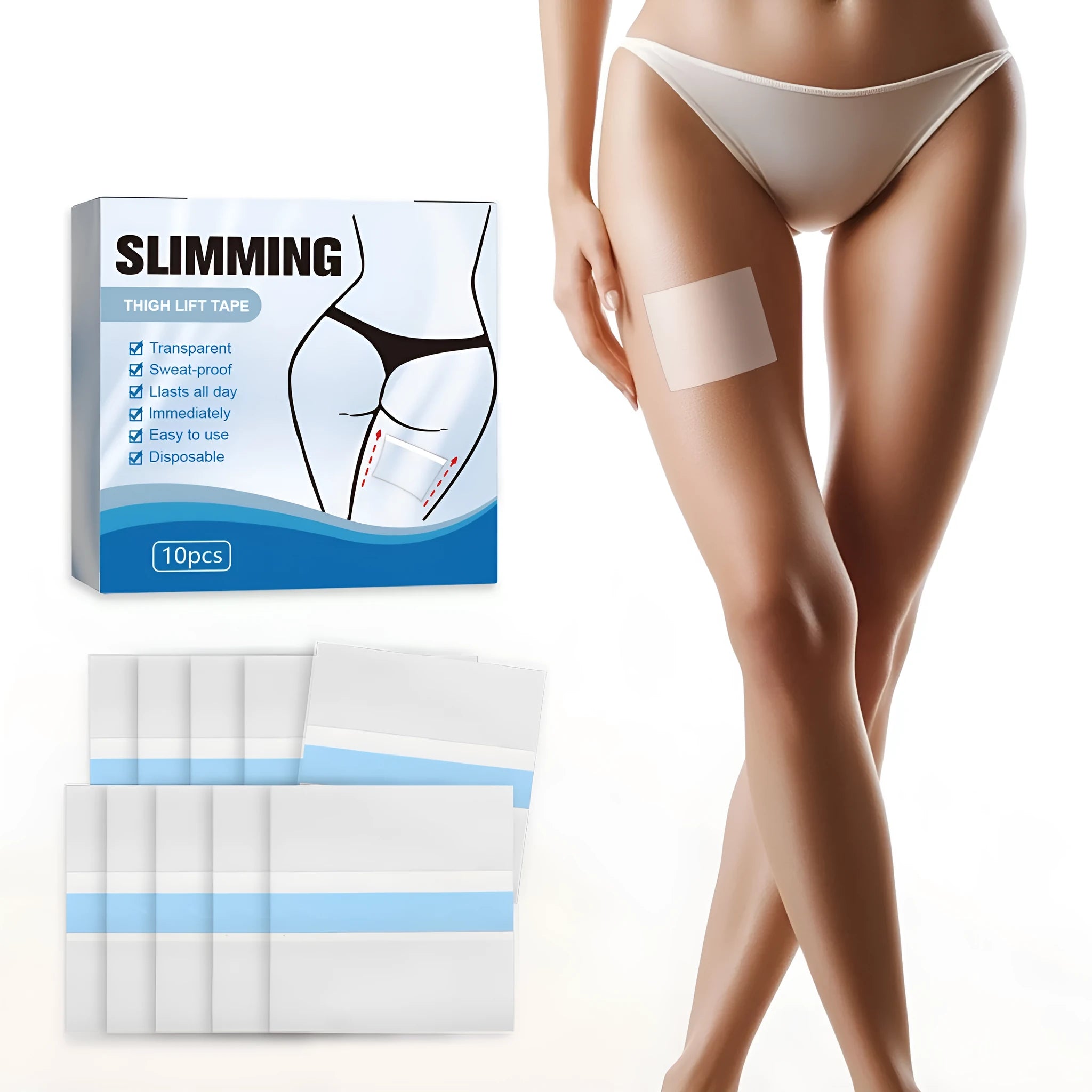 Box of 10 beige body shaping adhesive patches for skin tightening, each measuring 12 by 12 centimetres.