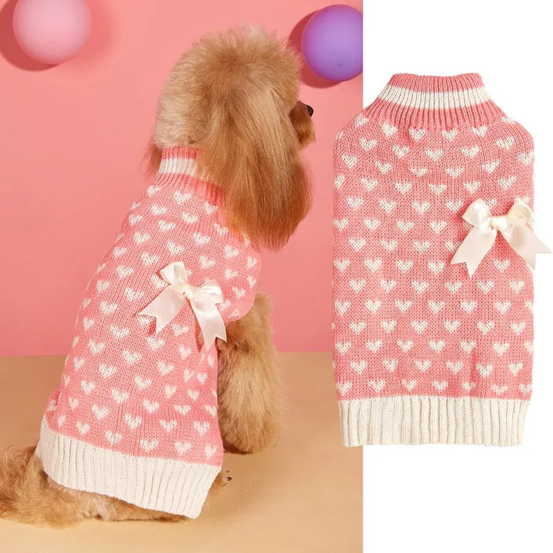 Red love heart dog sweater on small dog with bow design alternative colours available