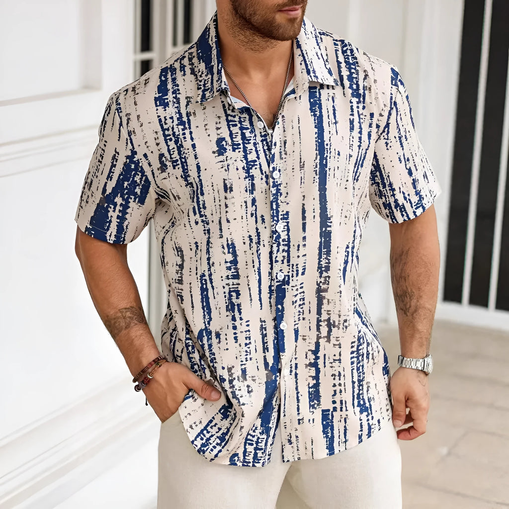 Men's striped short sleeve shirt in lightweight polyester with 3D printed pattern for summer casual wear
