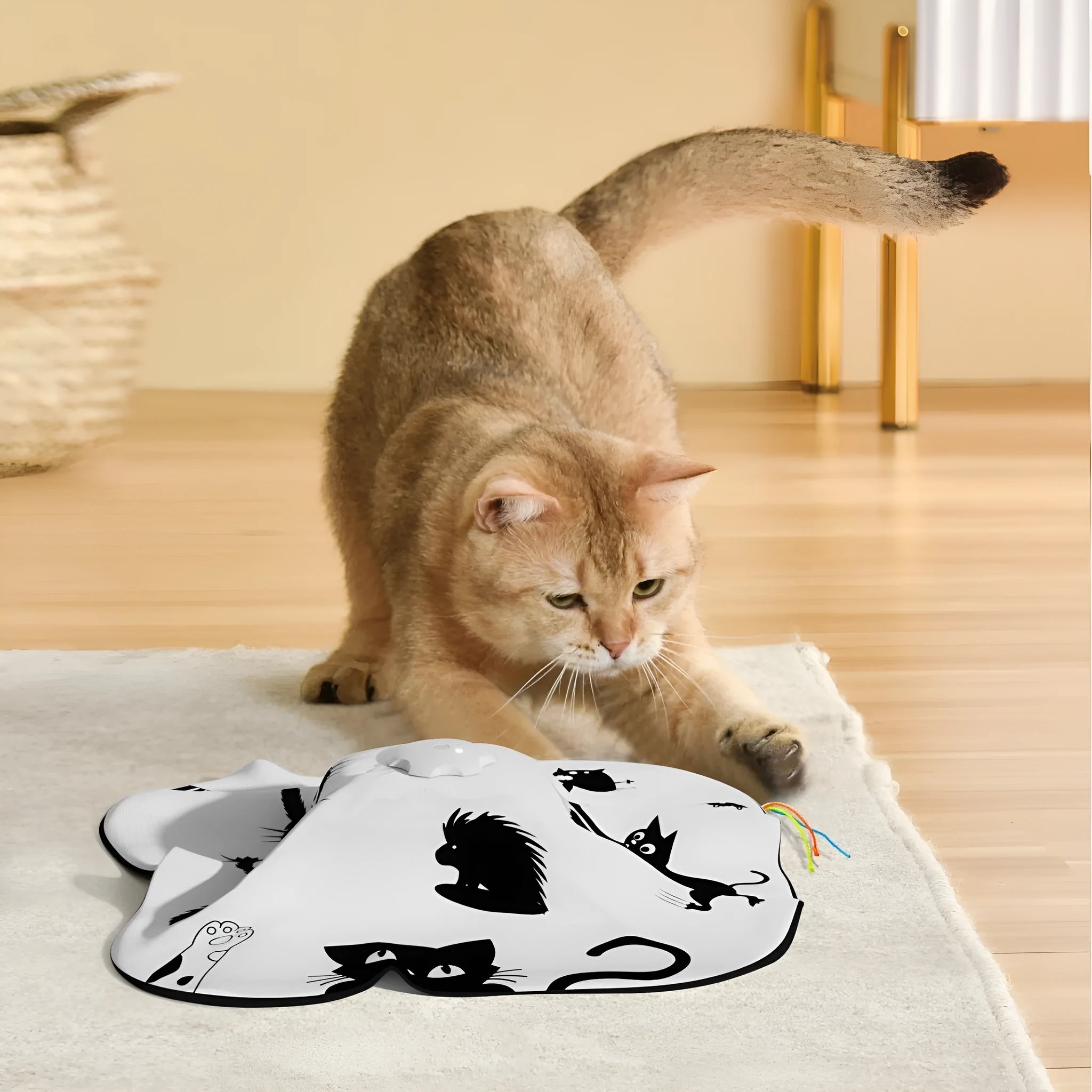 Colourful cat self-play toy with plastic base and interactive teaser rods