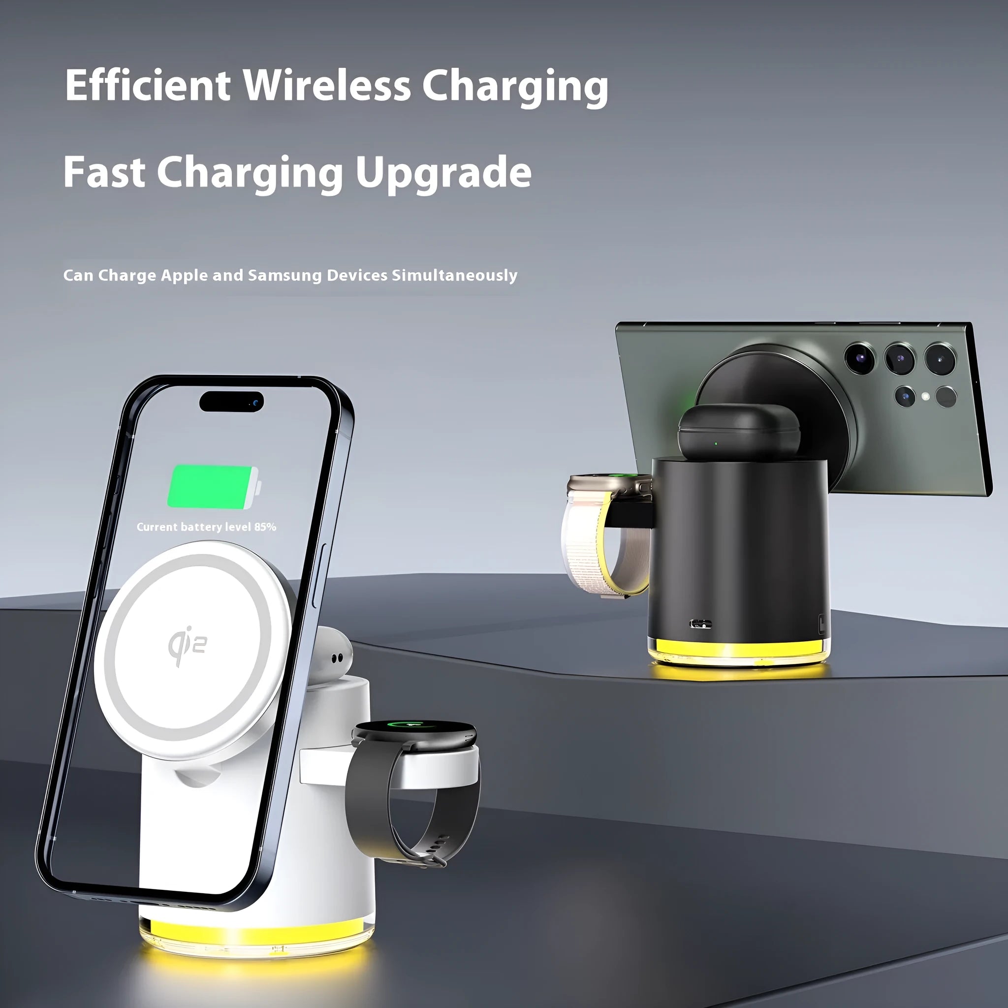 C16 ivory white and black magnetic folding wireless charger for phone, watch, and earphones.